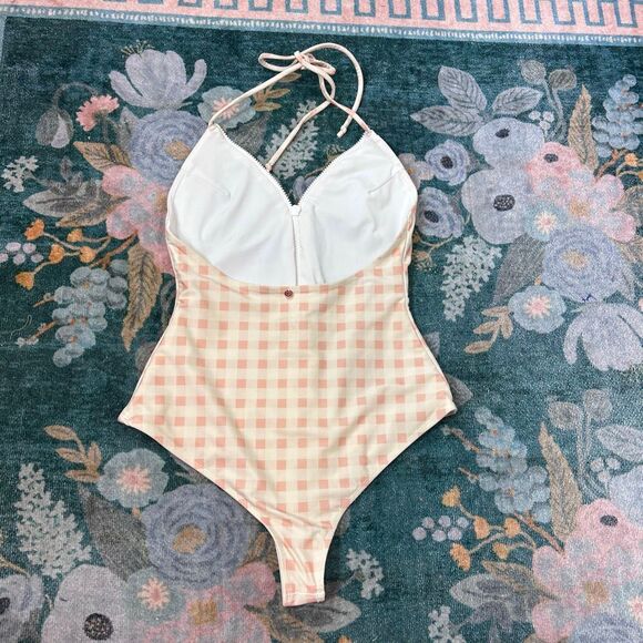 For Love And Lemons Bonnie One Piece Swimsuit Zip Up Small Pink Gingham Halter S - Picture 12 of 16